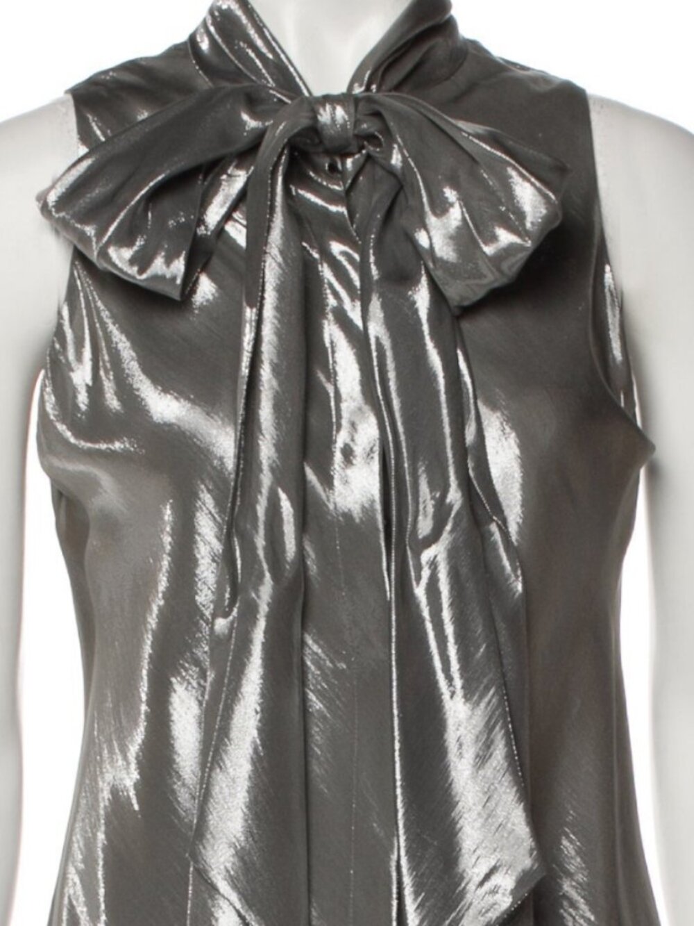 SILK BLOUSE, TIE-NECK SLVLSS, SILVER, RALPH LAUREN BLACK LABEL, US 8, EUC